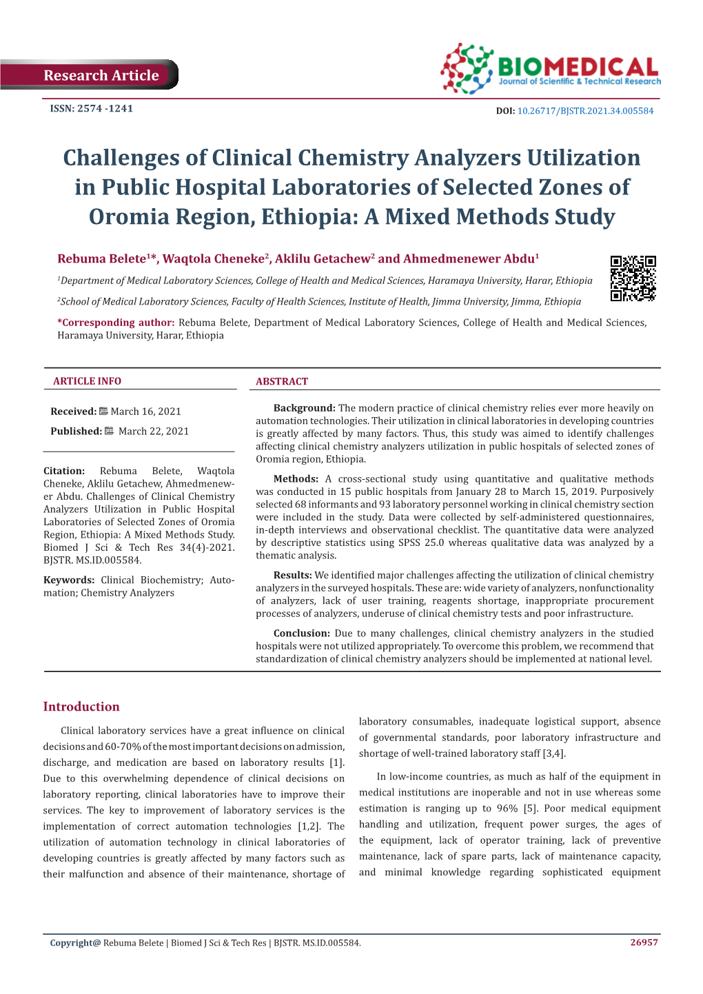 Challenges of Clinical Chemistry Analyzers Utilization in Public Hospital Laboratories of Selected Zones of Oromia Region, Ethiopia: a Mixed Methods Study