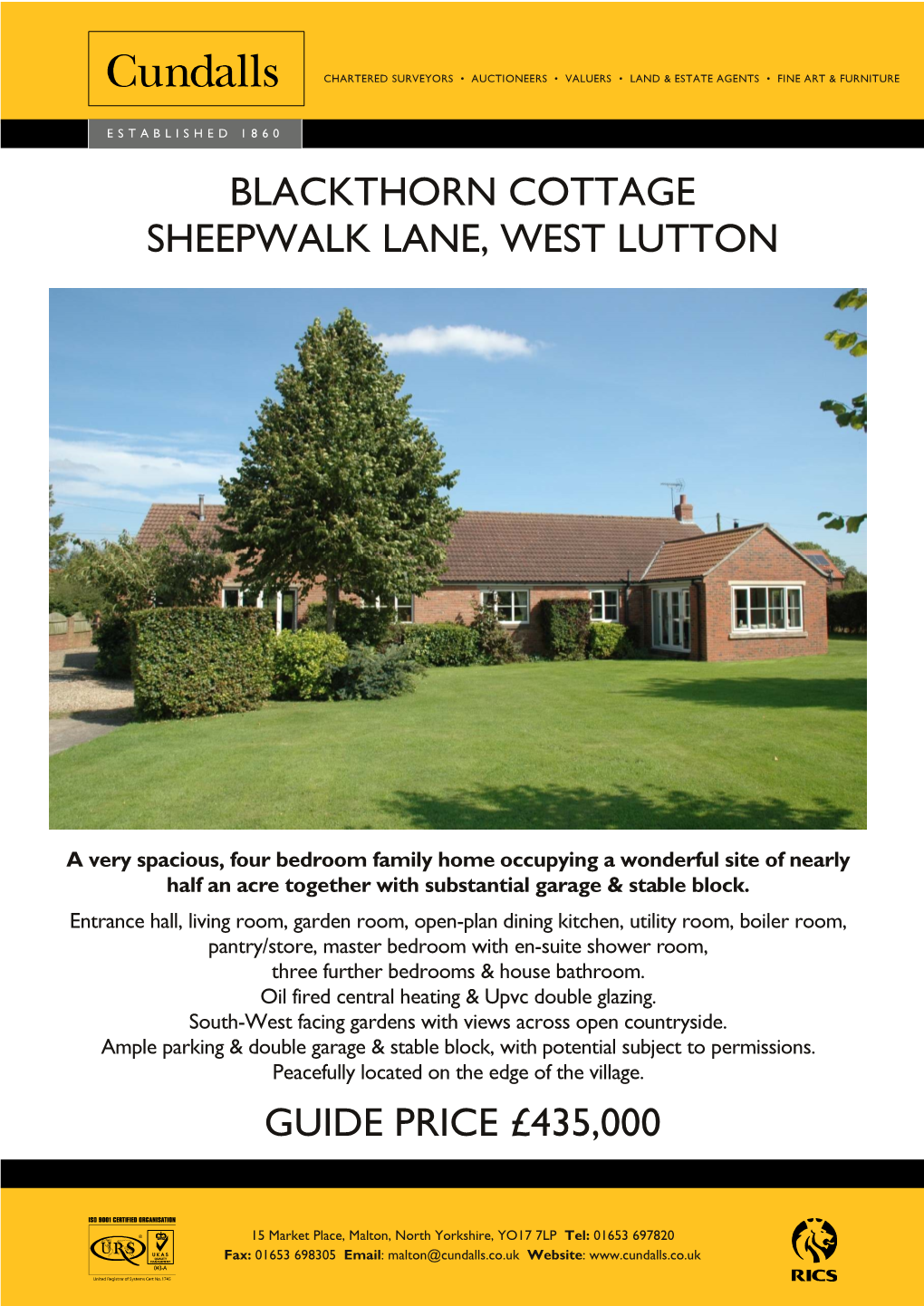 Blackthorn Cottage Sheepwalk Lane, West Lutton Guide Price £435,000