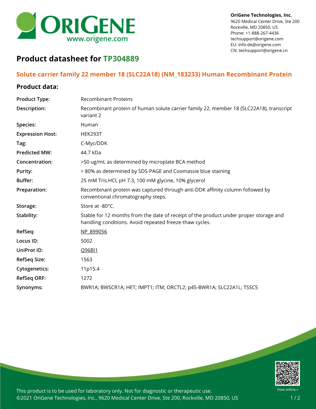 (SLC22A18) (NM 183233) Human Recombinant Protein Product Data