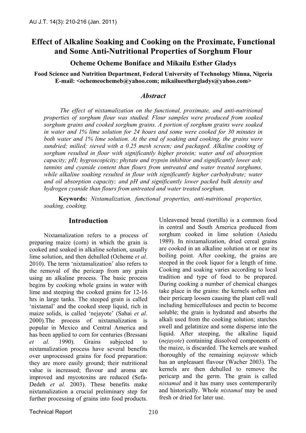 Effect of Alkaline Soaking and Cooking on the Proximate, Functional and Some Anti-Nutritional Properties of Sorghum Flour