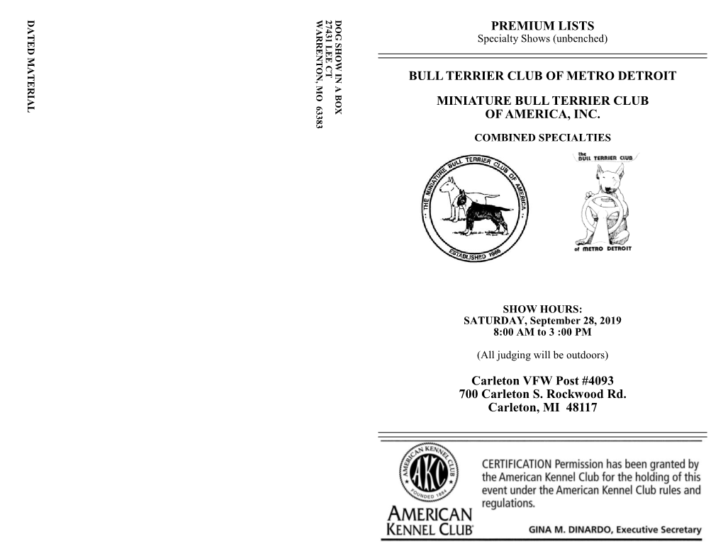 Premium Lists Bull Terrier Club of Metro Detroit