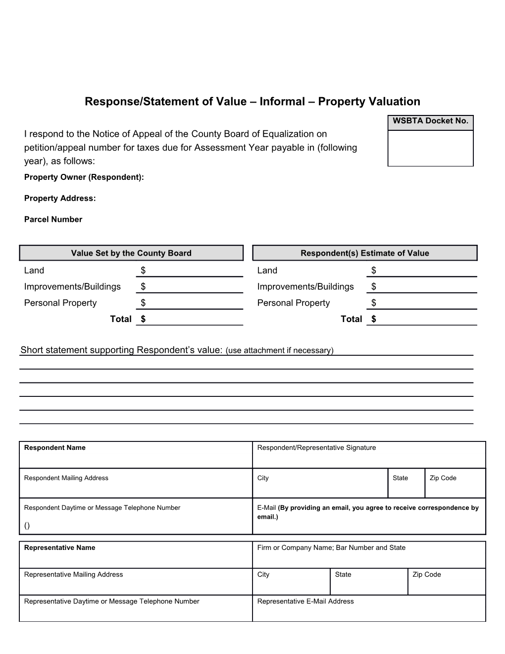 Response/Statement of Value Informal Property Valuation
