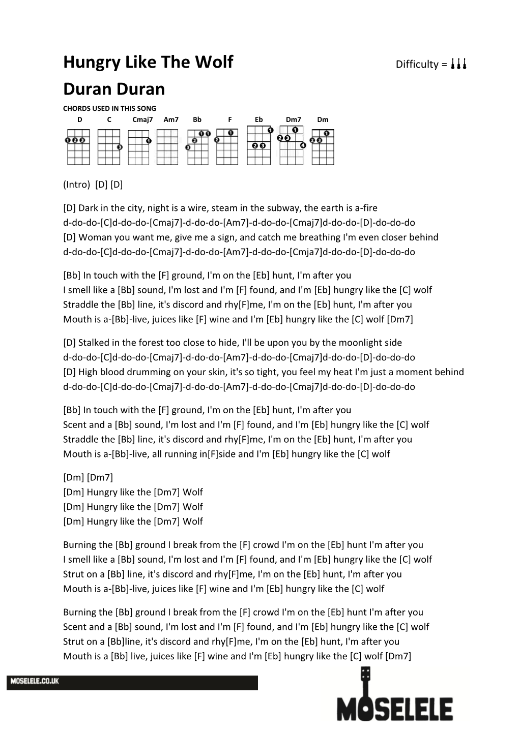 Hungry Like the Wolf Difficulty = Aaa Duran Duran CHORDS USED in THIS SONG D C Cmaj7 Am7 Bb F Eb Dm7 Dm