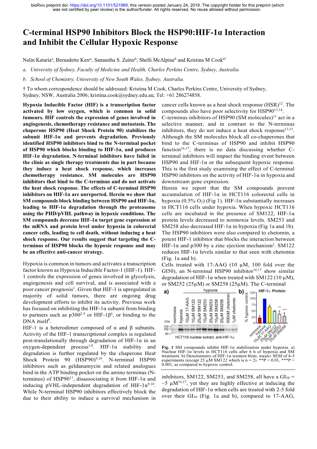 C-Terminal HSP90 Inhibitors Block the HSP90:HIF-1Α Interaction and Inhibit the Cellular Hypoxic Response