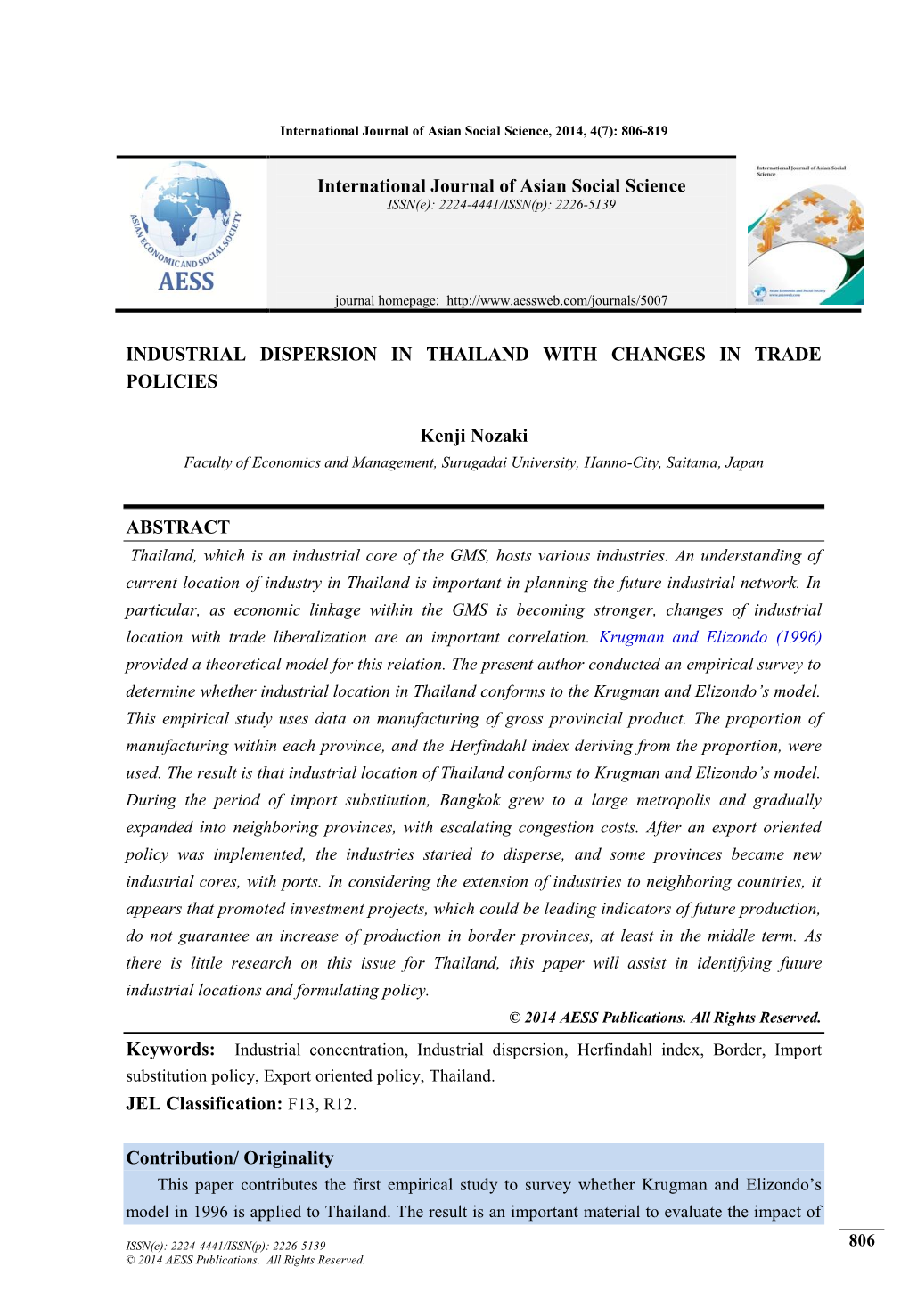 Industrial Dispersion in Thailand with Changes in Trade Policies