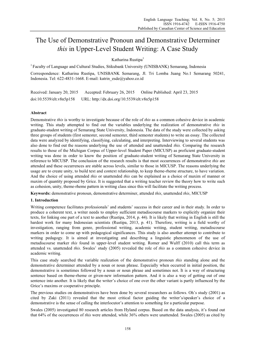 The Use of Demonstrative Pronoun and Demonstrative Determiner This in Upper-Level Student Writing: a Case Study