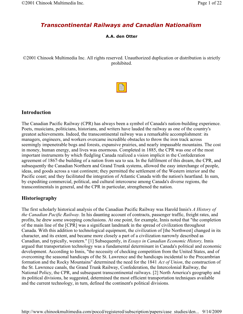 Transcontinental Railways and Canadian Nationalism Introduction Historiography