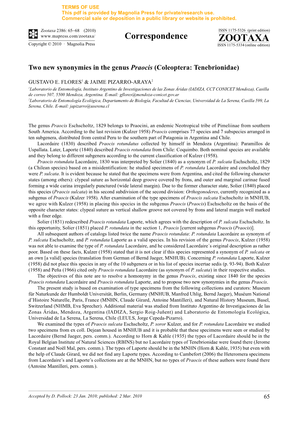 Zootaxa, Two New Synonymies in the Genus Praocis (Coleoptera