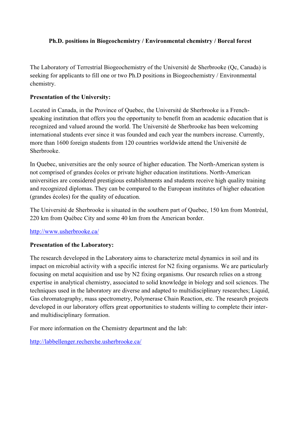 Ph.D. Positions in Biogeochemistry / Environmental Chemistry / Boreal Forest