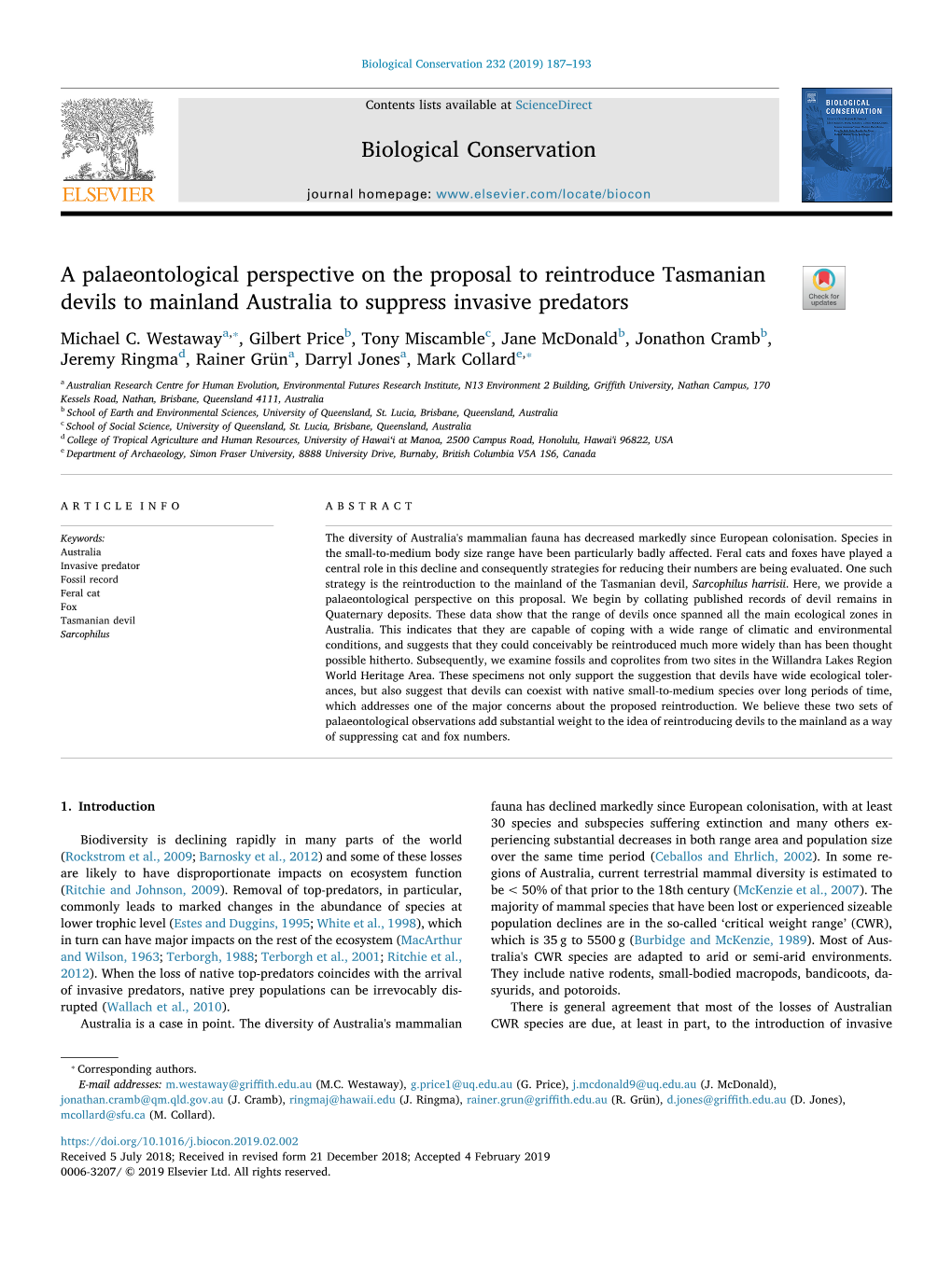 Biological Conservation 232 (2019) 187–193