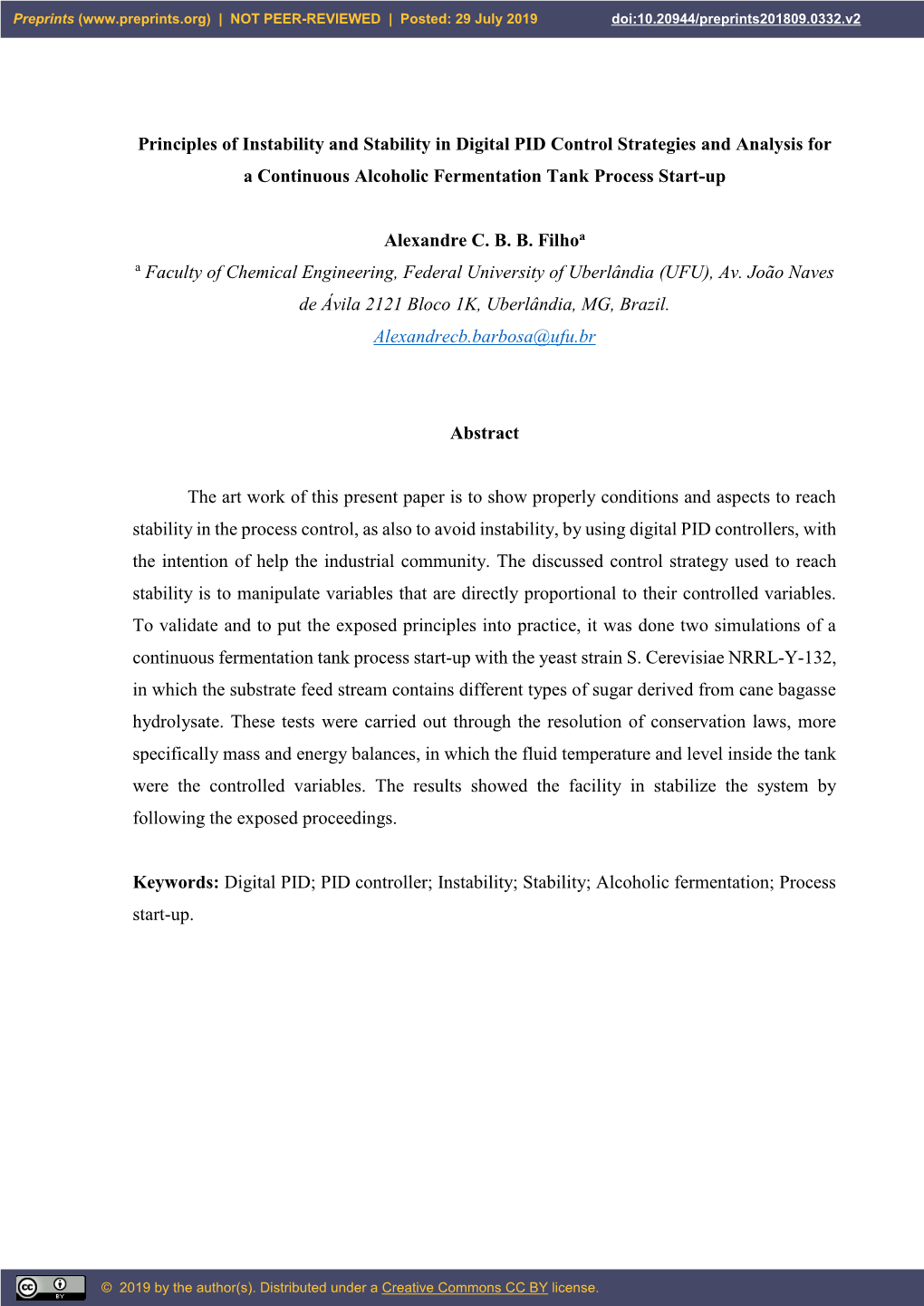 Principles of Instability and Stability in Digital PID Control Strategies and Analysis for a Continuous Alcoholic Fermentation Tank Process Start-Up