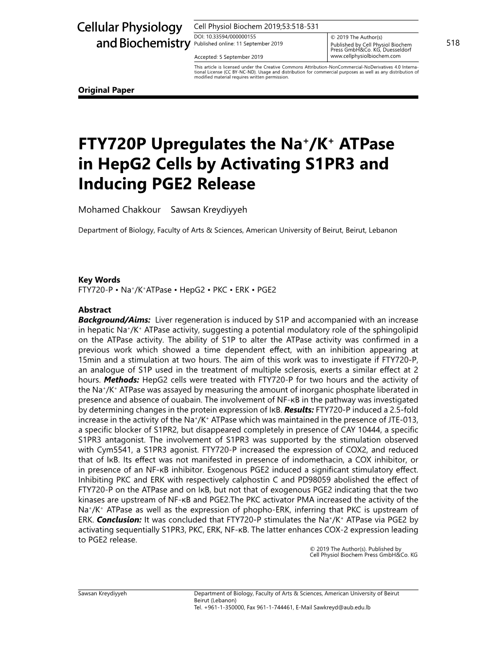 FTY720P Upregulates the Na+/K+ Atpase in Hepg2 Cells by Activating S1PR3 and Inducing PGE2 Release