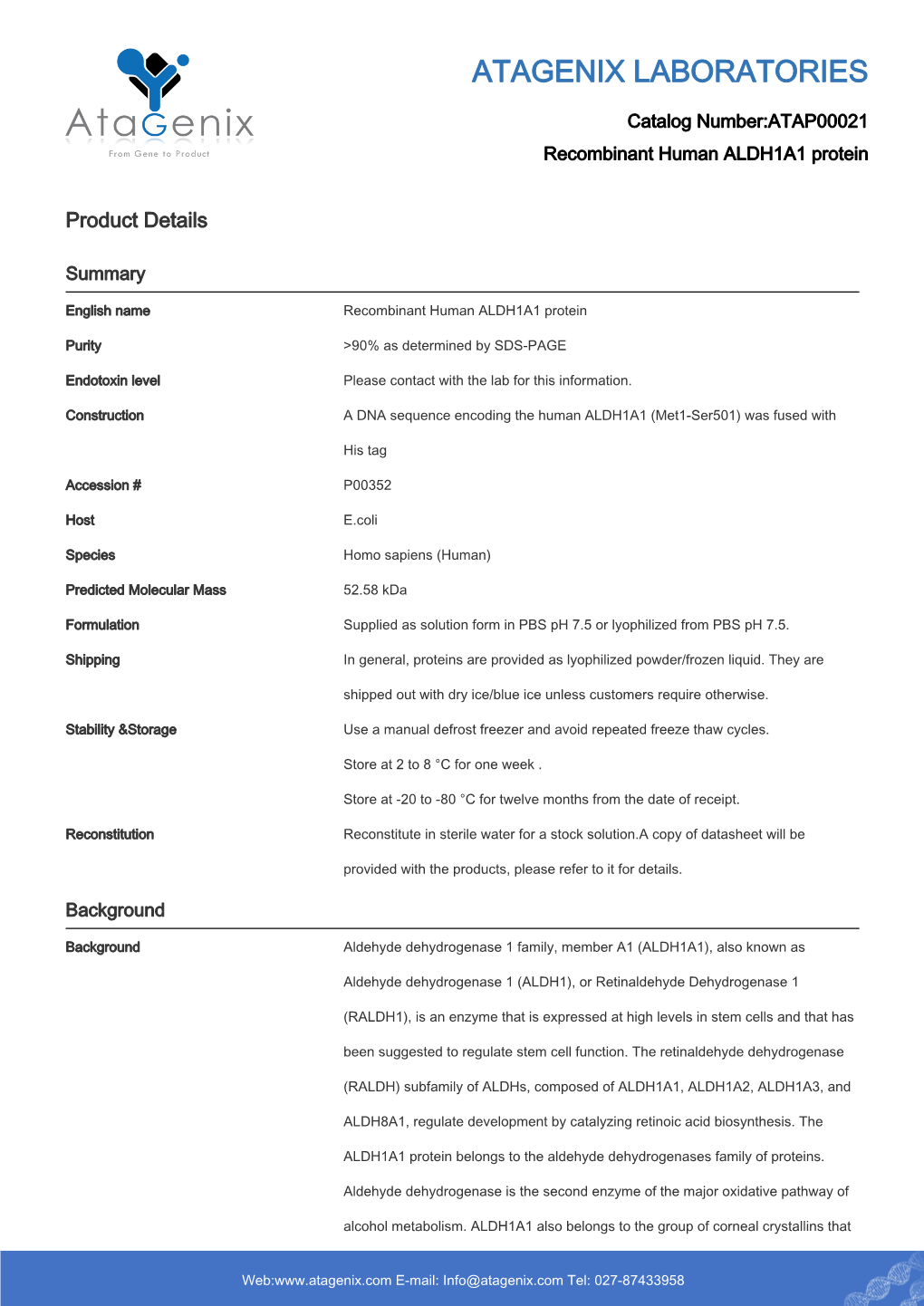 ATAP00021-Recombinant Human ALDH1A1 Protein