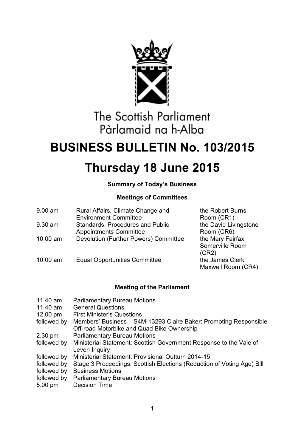 BUSINESS BULLETIN No. 103/2015 Thursday 18 June 2015