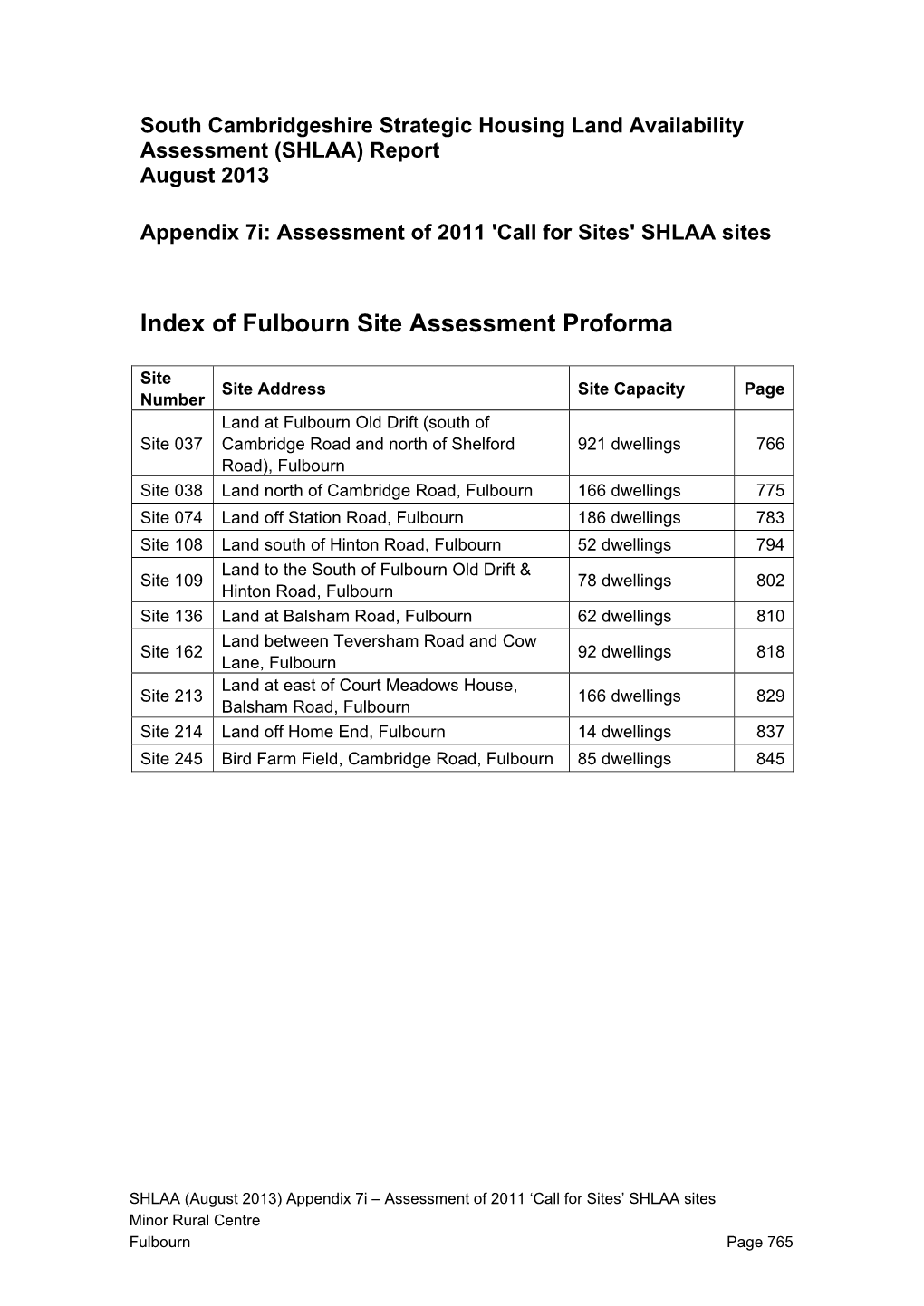 Fulbourn Site Assessment Proforma