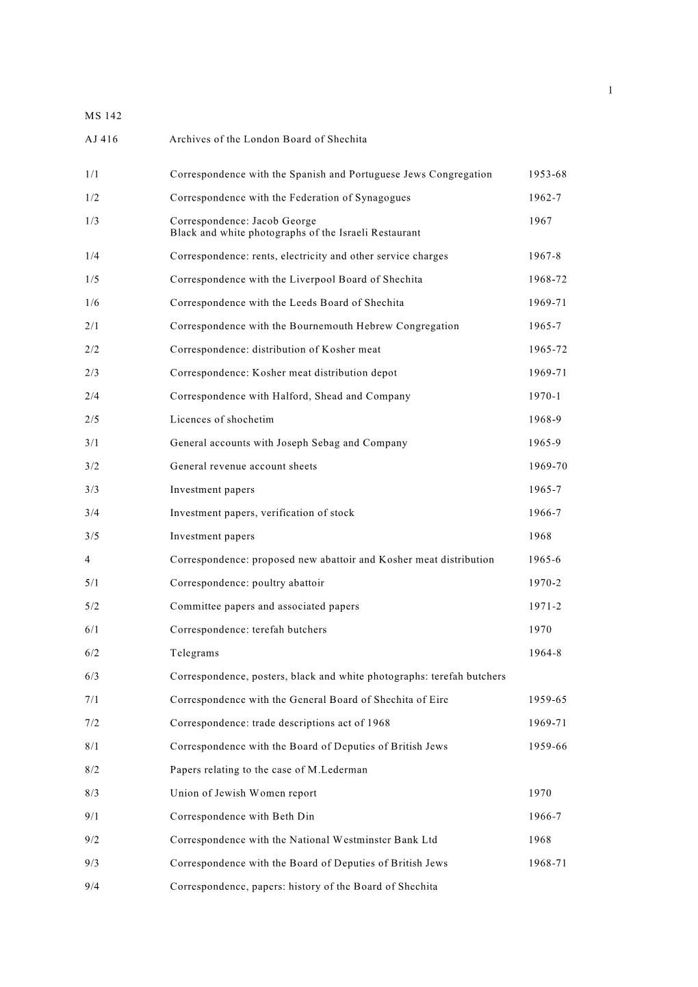 1 MS 142 AJ 416 Archives of the London Board of Shechita 1/1