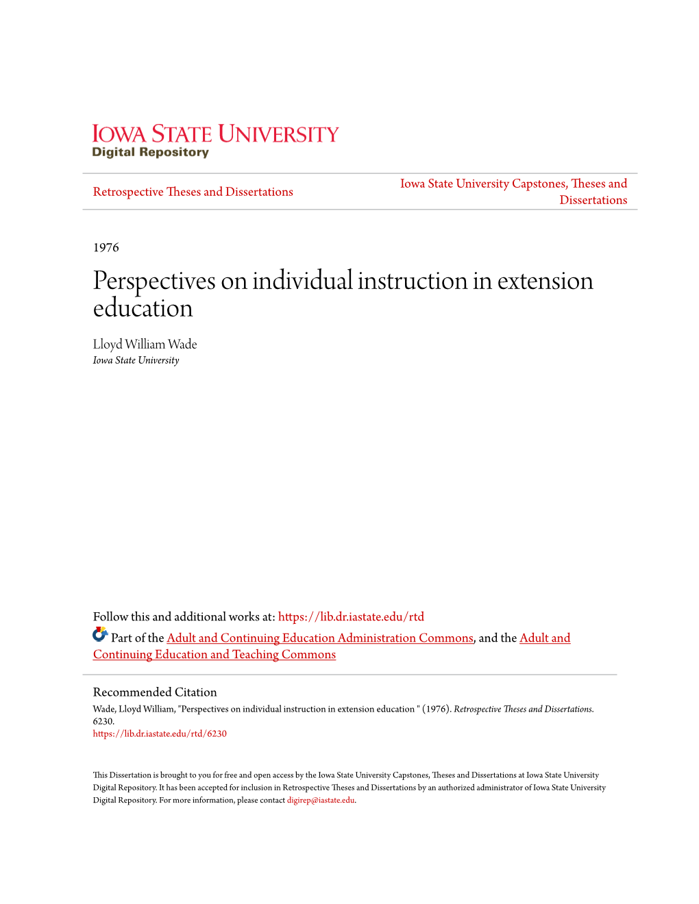 Perspectives on Individual Instruction in Extension Education Lloyd William Wade Iowa State University