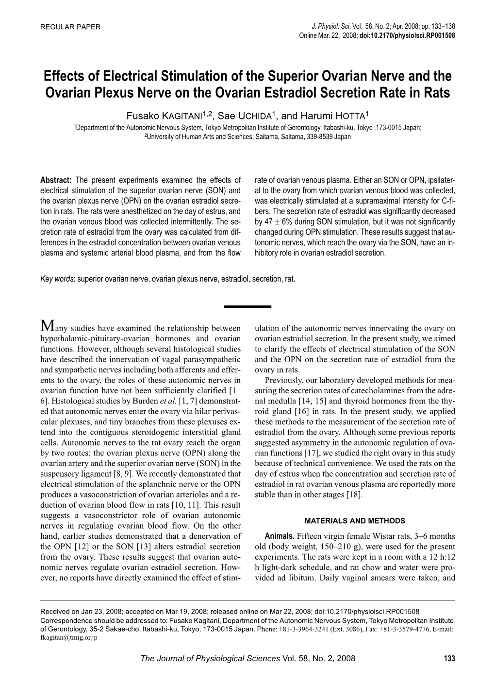 Effects of Electrical Stimulation of the Superior Ovarian Nerve and the Ovarian Plexus Nerve on the Ovarian Estradiol Secretion Rate in Rats