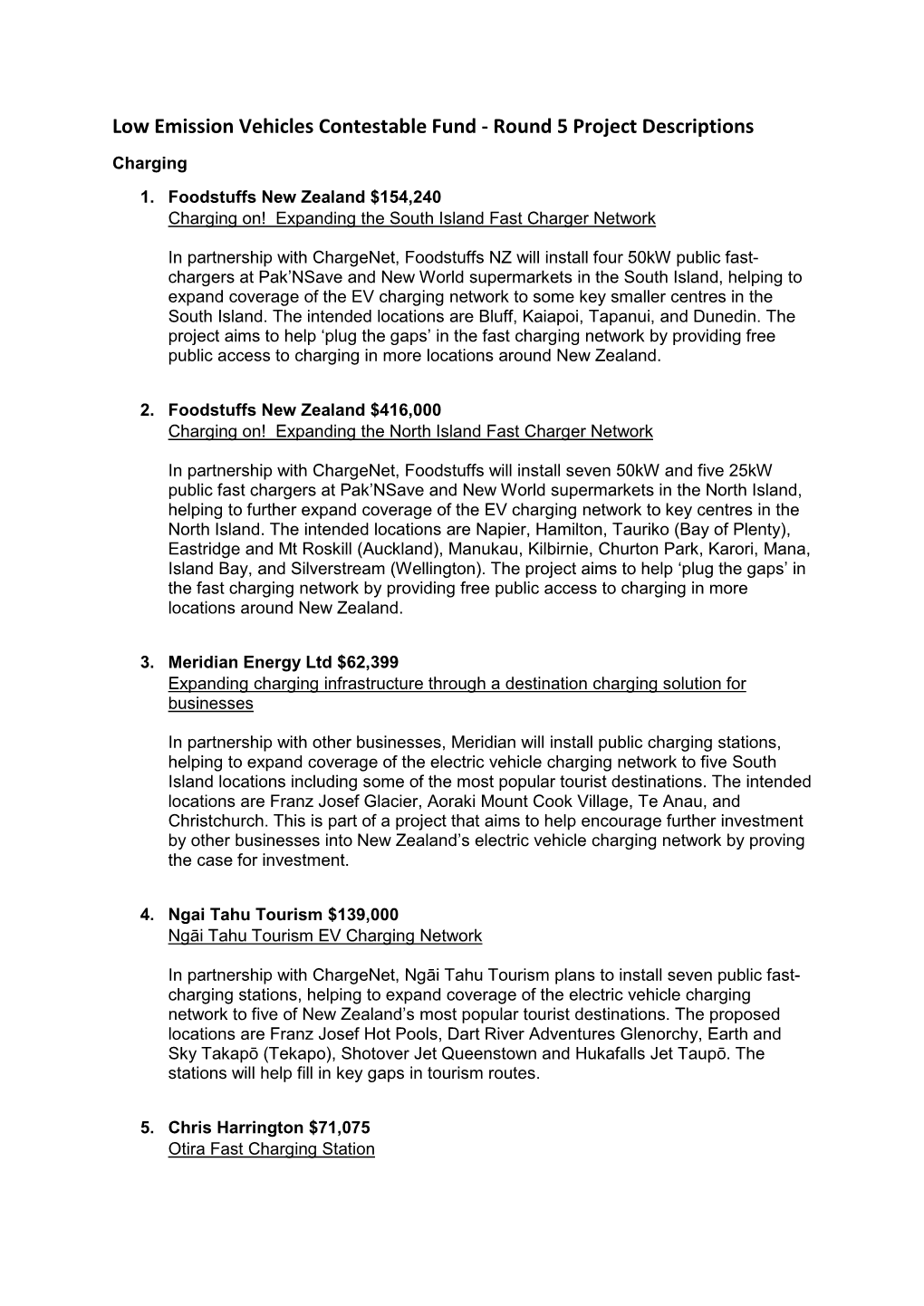 Low Emission Vehicles Contestable Fund - Round 5 Project Descriptions