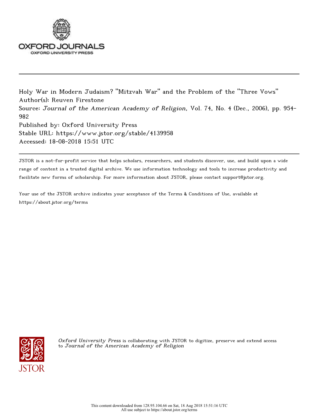 Holy War in Modern Judaism? "Mitzvah War" and the Problem of the "Three Vows" Author(S): Reuven Firestone Source: Journal of the American Academy of Religion, Vol