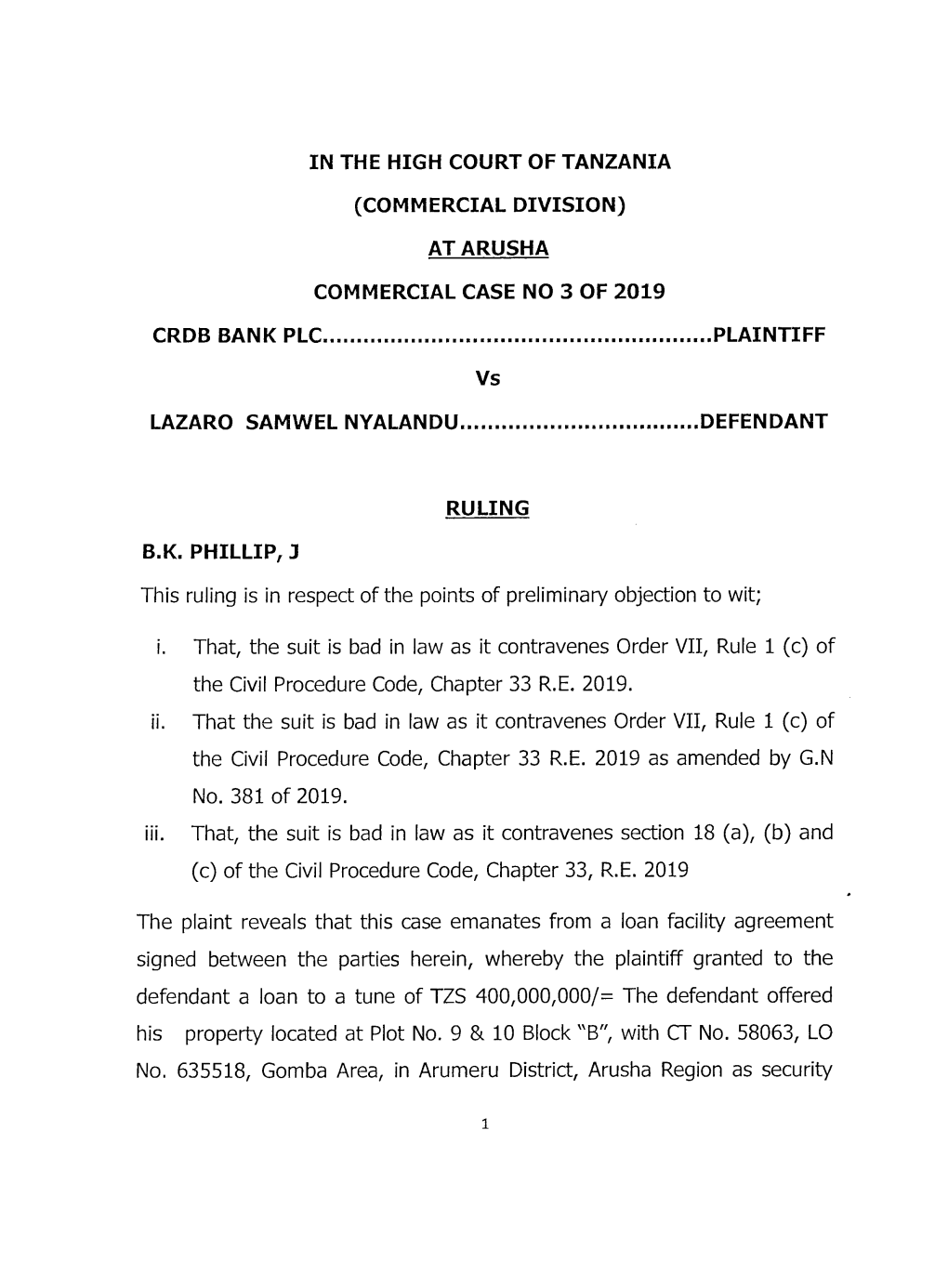 At Arusha Commercial Case No 3 of 2019 Crdb