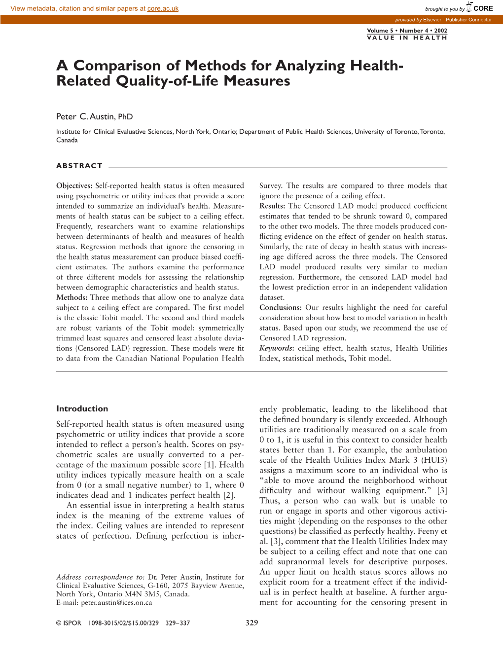 A Comparison of Methods for Analyzing Health-Related Quality-Of