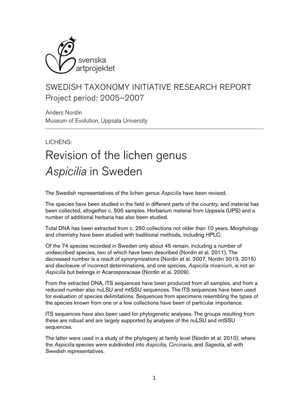 Revision of the Lichen Genus Aspicilia in Sweden