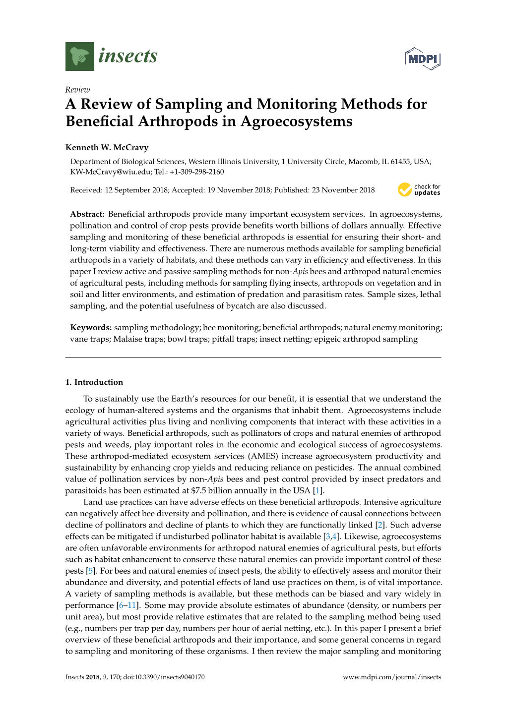 A Review of Sampling and Monitoring Methods for Beneficial Arthropods