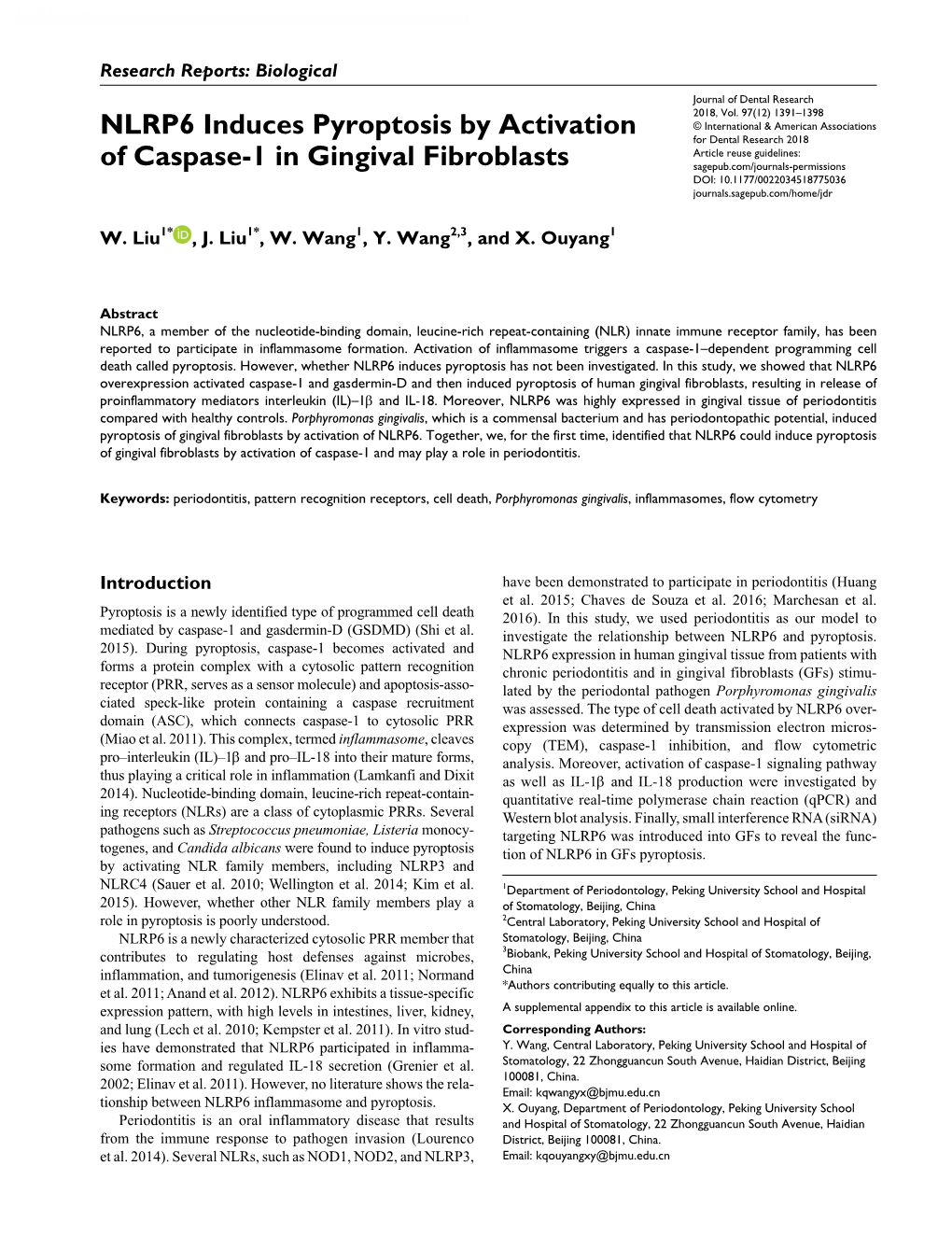 NLRP6 Induces Pyroptosis by Activation of Caspase-1 in Gingival