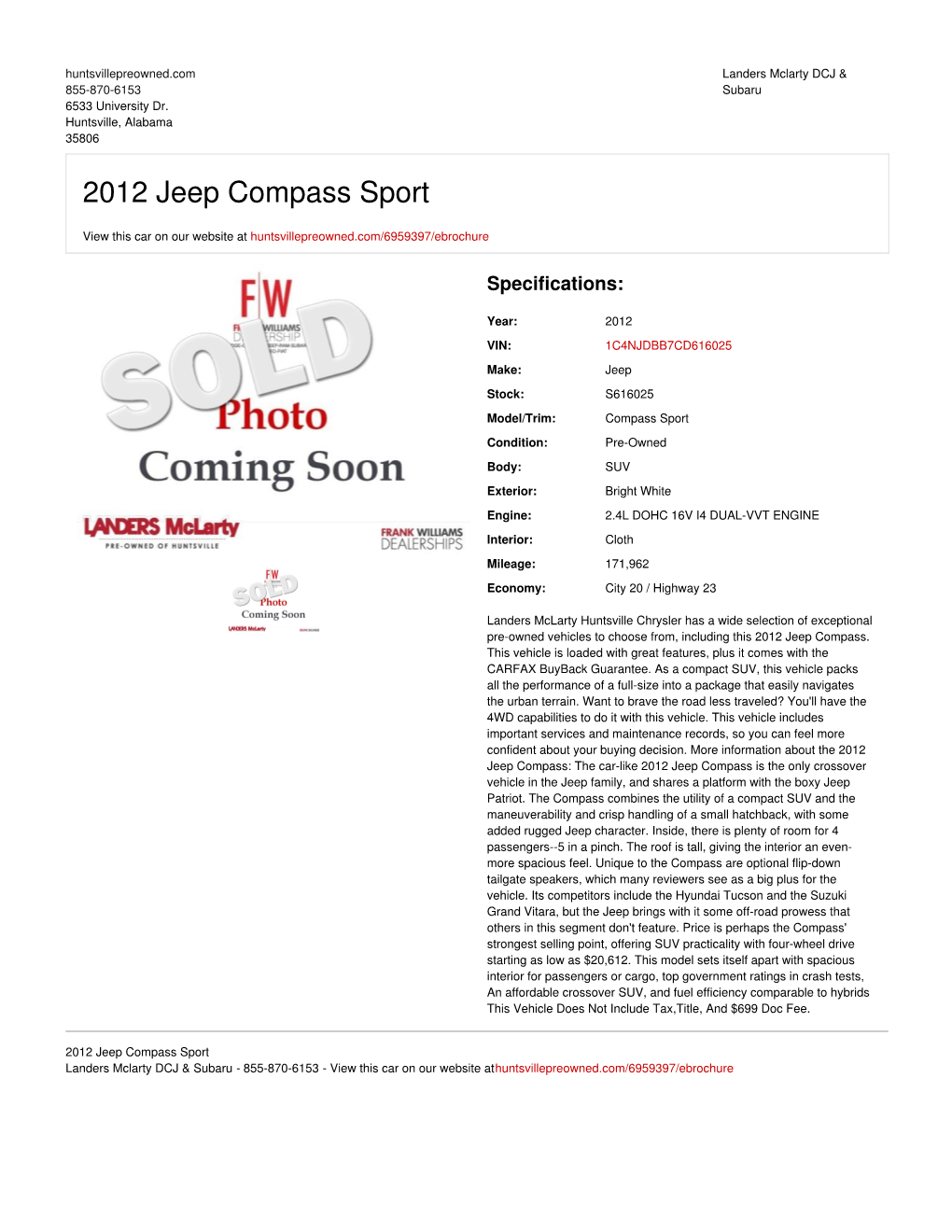 2012 Jeep Compass Sport | Huntsville, Alabama | Landers Mclarty