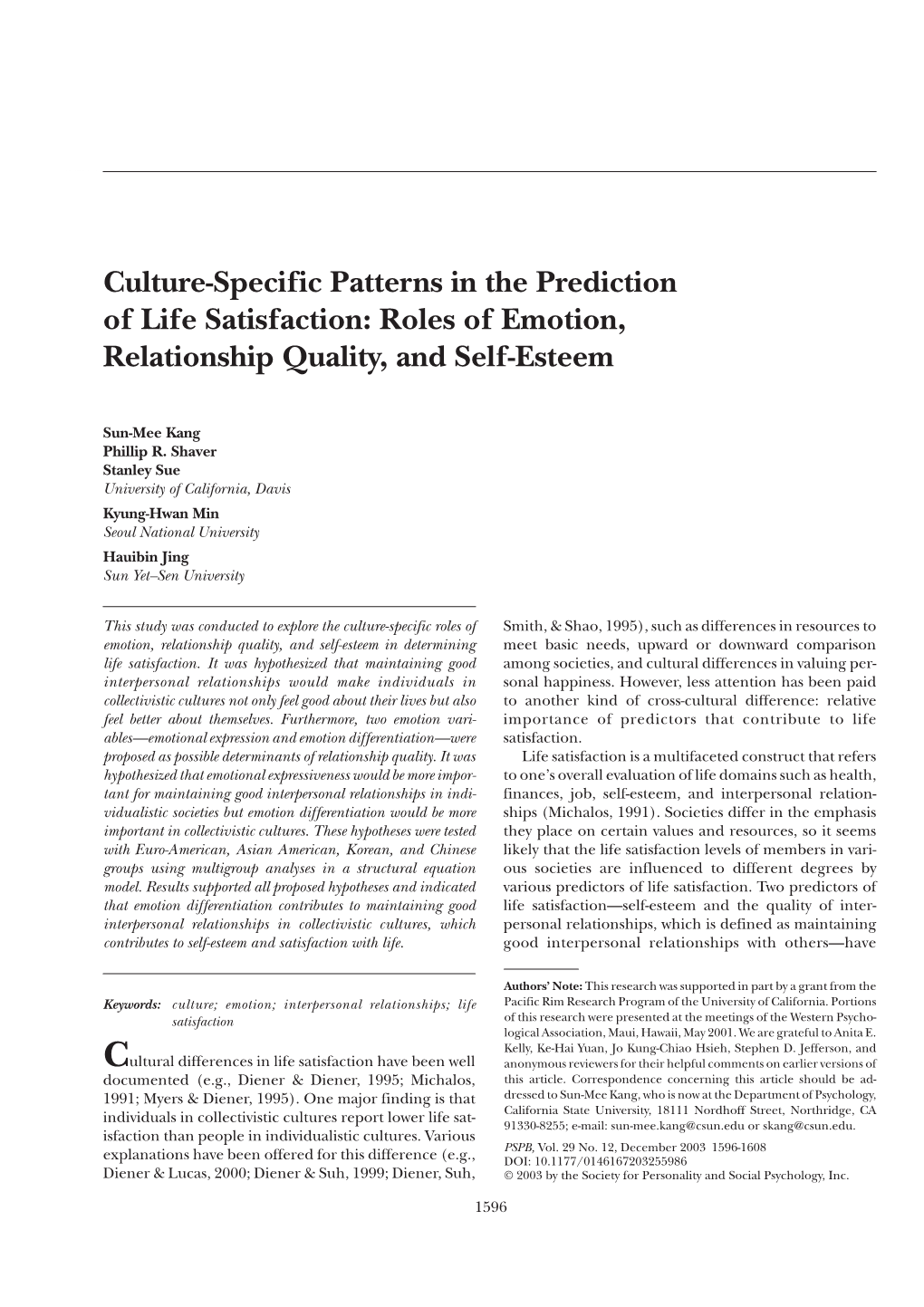 Culture-Specific Patterns in the Prediction of Life Satisfaction: Roles of Emotion, Relationship Quality, and Self-Esteem