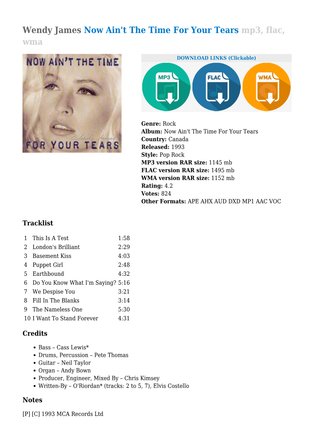 Wendy James Now Ain't the Time for Your Tears Mp3, Flac, Wma