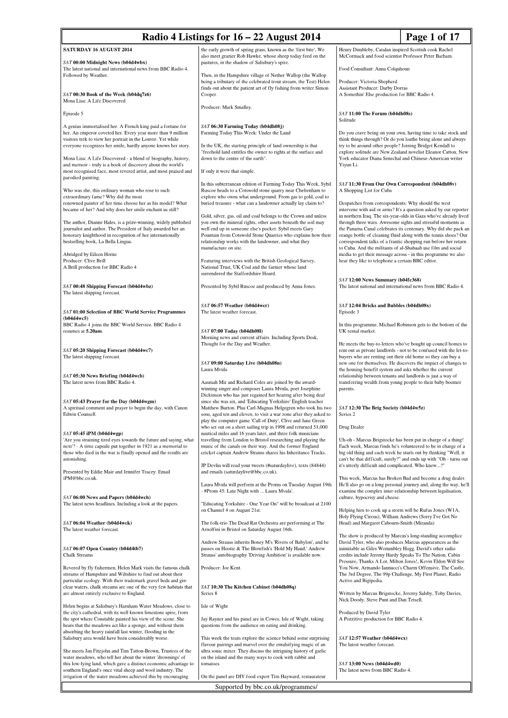 Radio 4 Listings for 16 – 22 August 2014 Page 1 of 17 SATURDAY 16 AUGUST 2014 the Early Growth of Spring Grass, Known As the 'First Bite'