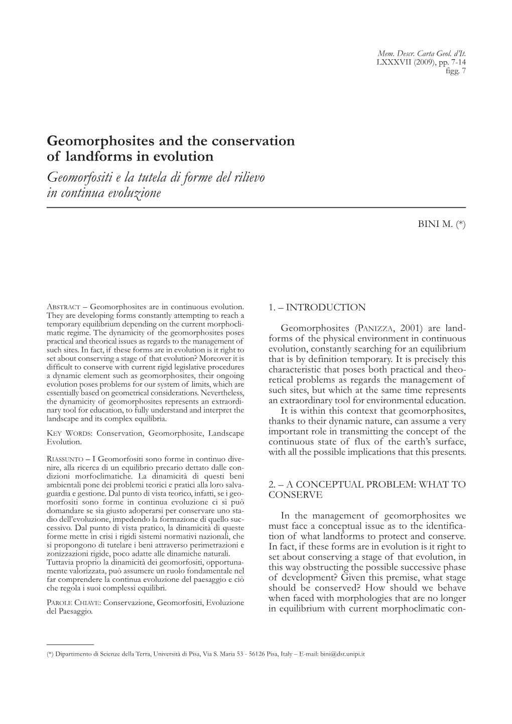 Geomorphosites and the Conservation of Landforms in Evolution Geomorfositi E La Tutela Di Forme Del Rilievo in Continua Evoluzione