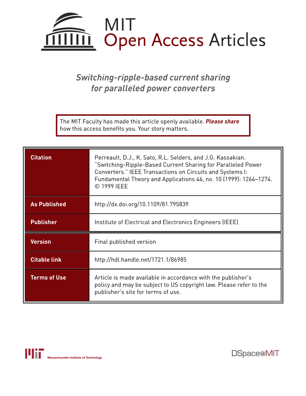 Switching-Ripple-Based Current Sharing for Paralleled Power Converters