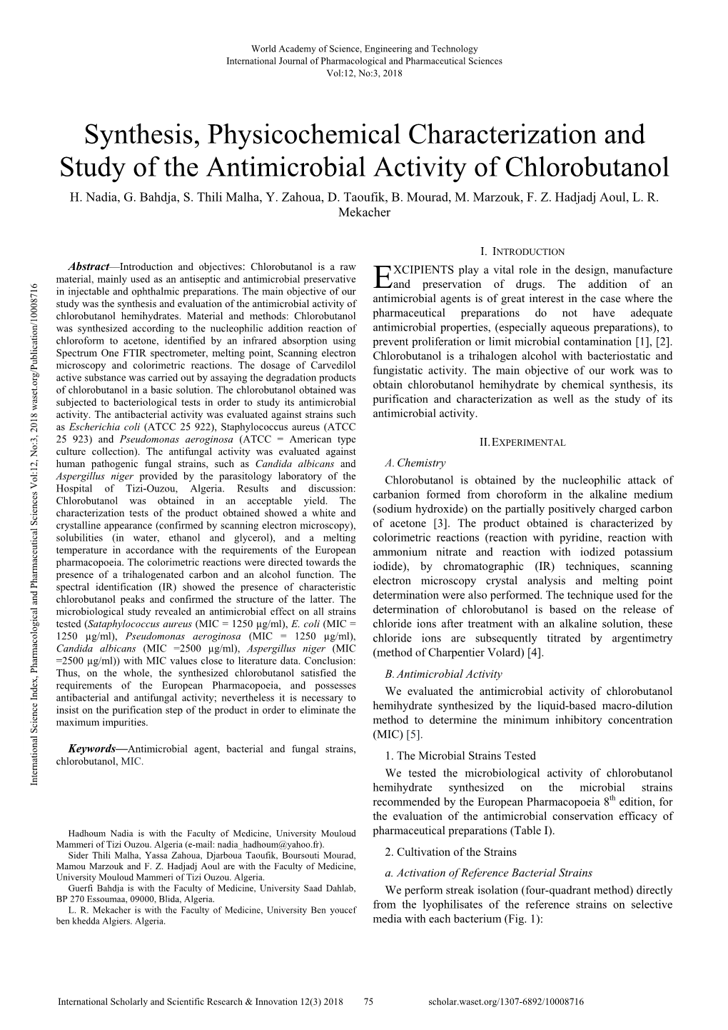 Synthesis, Physicochemical Characterization and Study of the Antimicrobial Activity of Chlorobutanol H