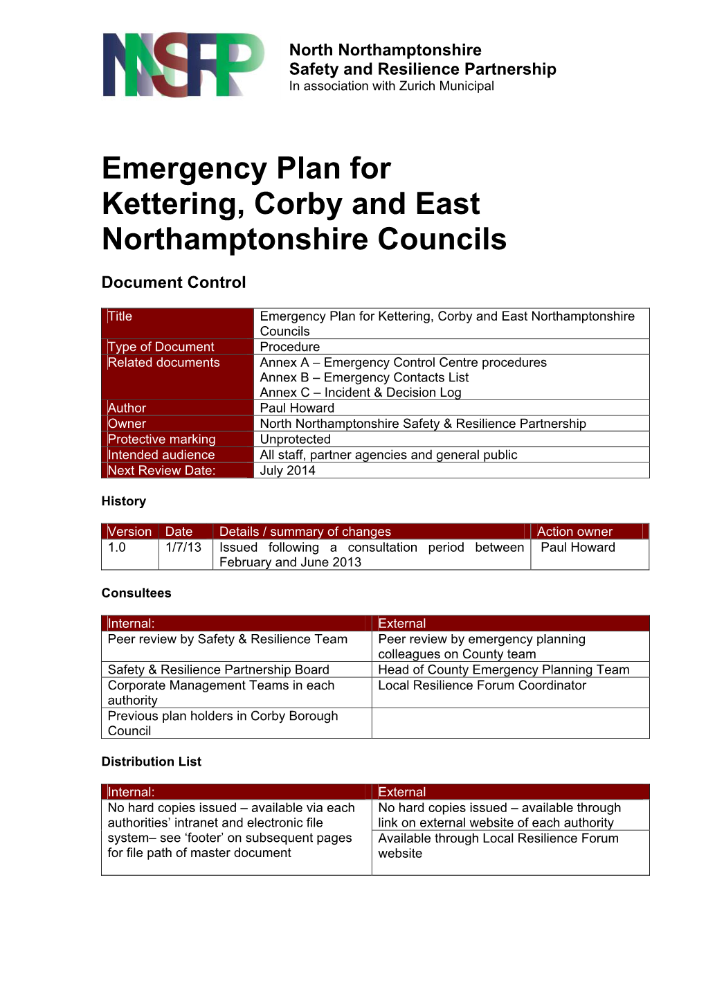 Emergency Plan for Kettering, Corby and East Northamptonshire Councils