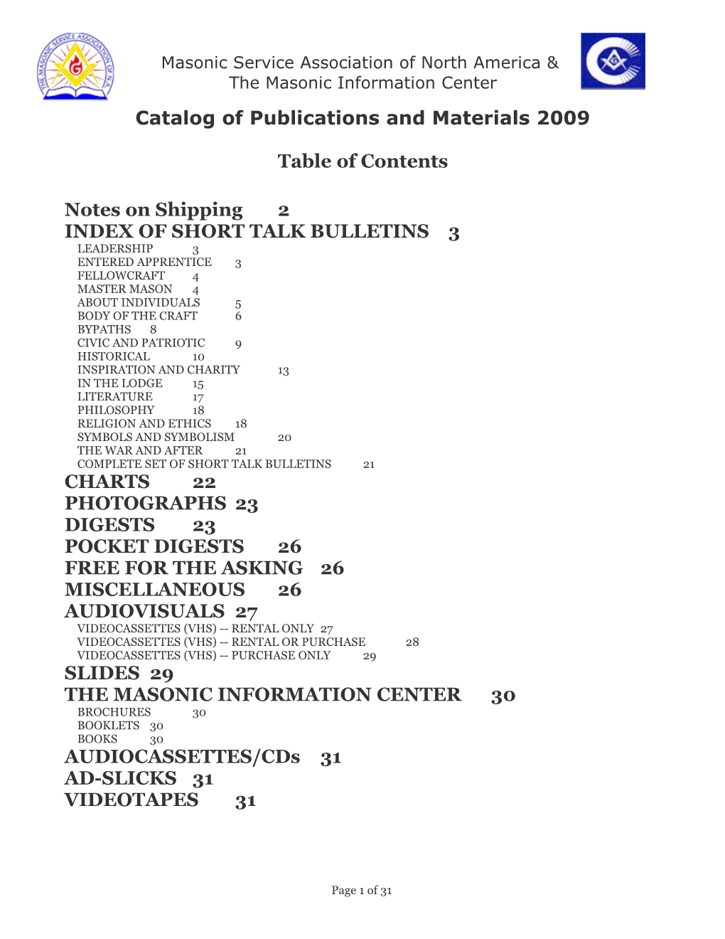 Catalog of Publications and Materials 2009