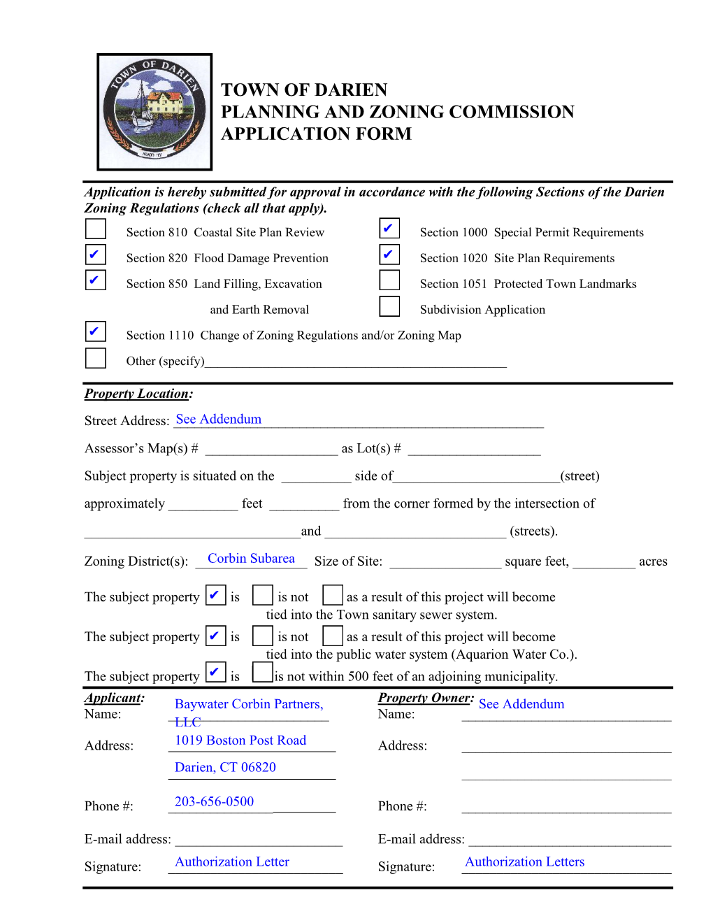 Town of Darien Planning and Zoning Commission Application Form