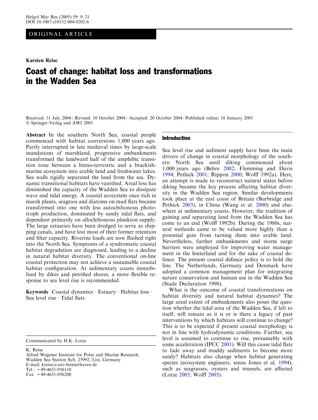 Coast of Change: Habitat Loss and Transformations in the Wadden Sea