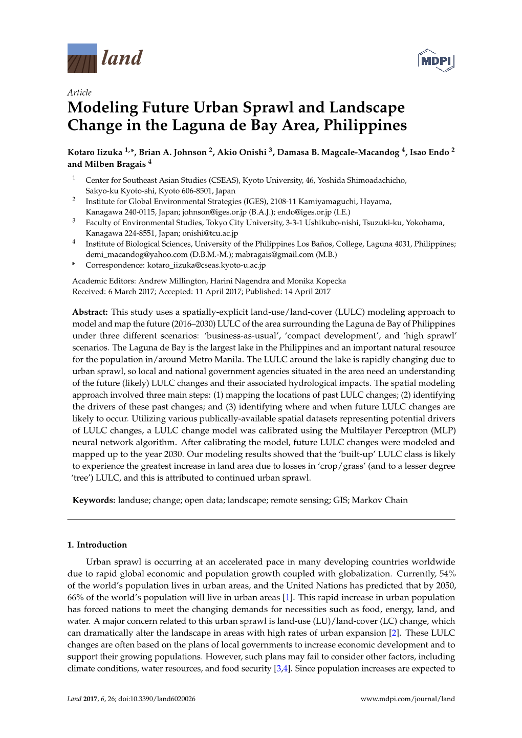 Modeling Future Urban Sprawl and Landscape Change in the Laguna De Bay Area, Philippines