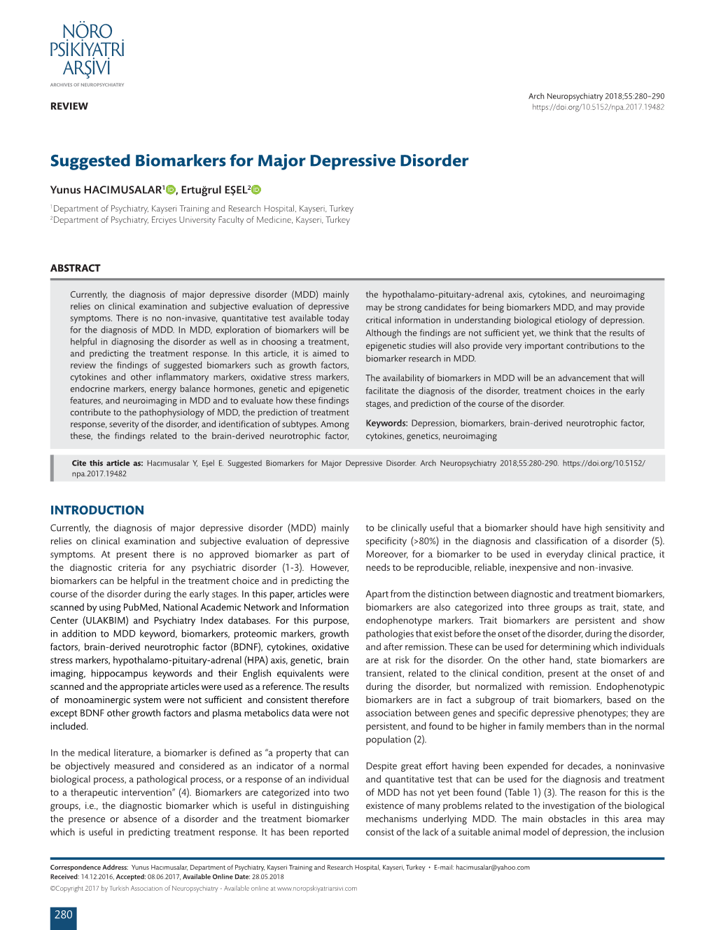 Suggested Biomarkers for Major Depressive Disorder