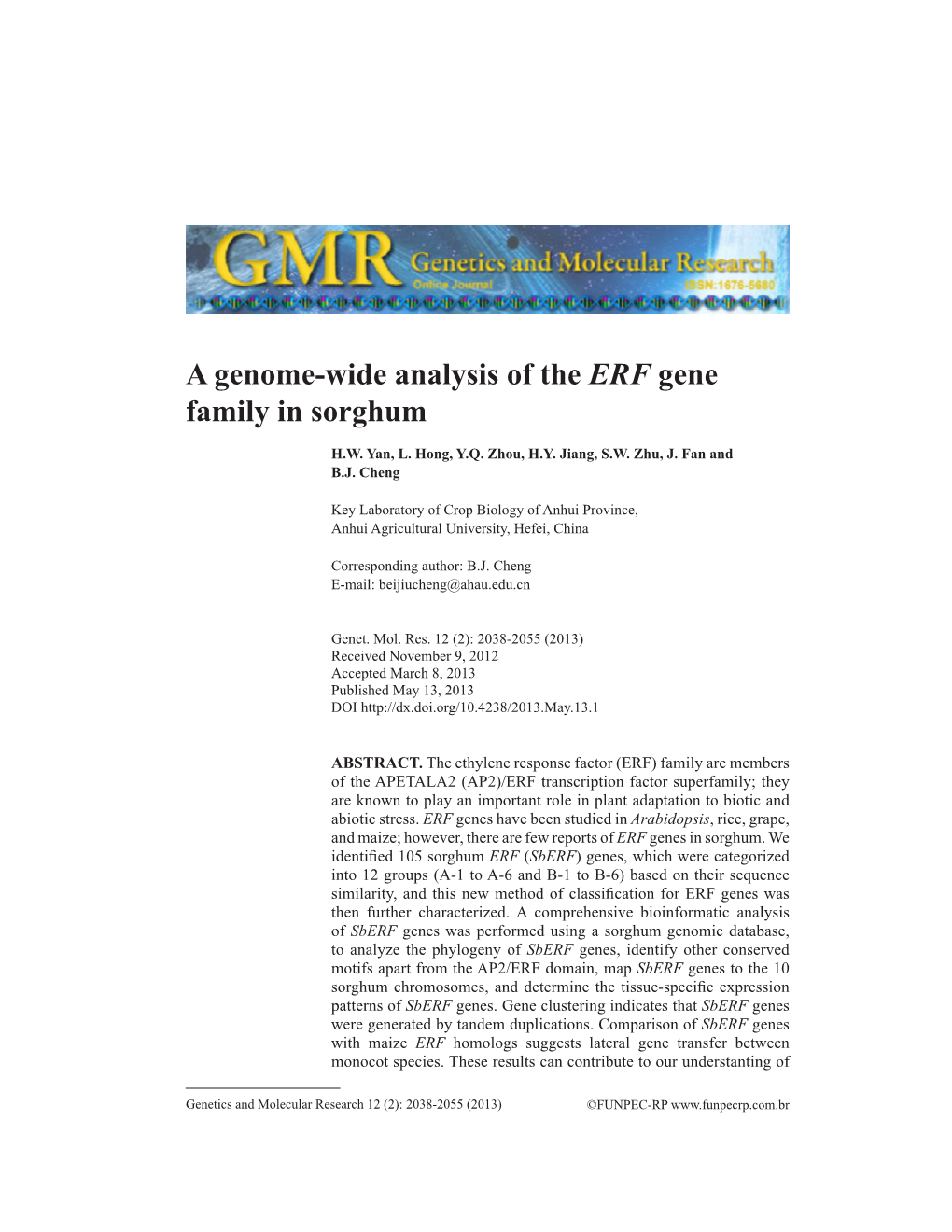 A Genome-Wide Analysis of the ERF Gene Family in Sorghum