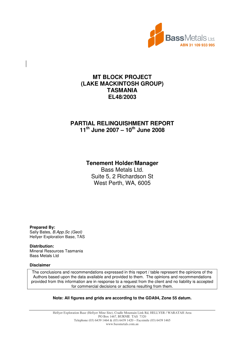 TASMANIA EL48/2003 PARTIAL RELINQUISHMENT REPORT 11Th