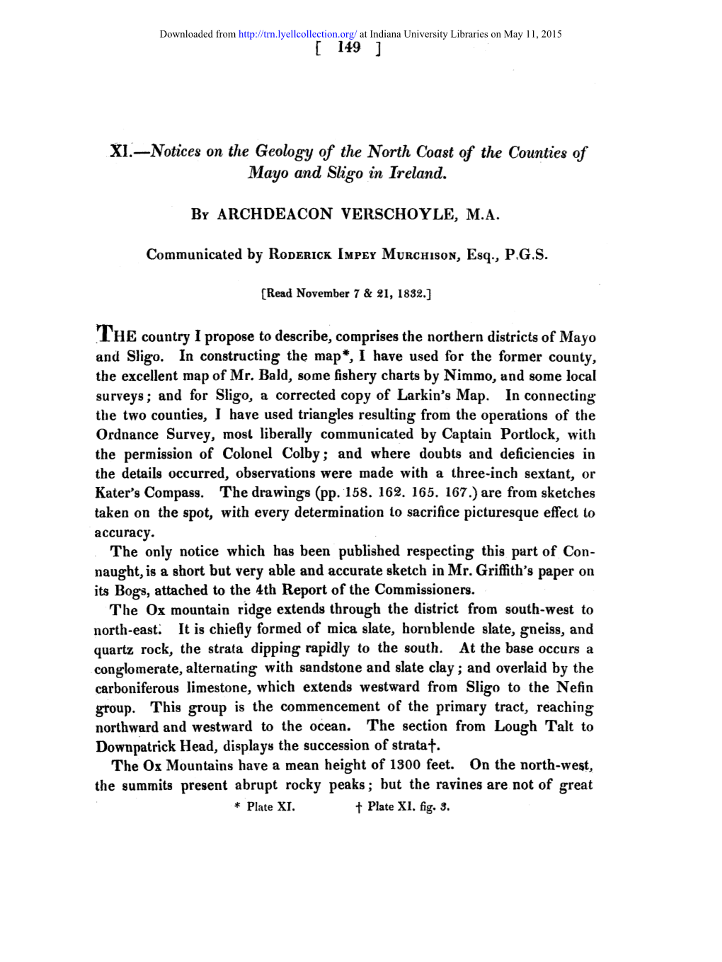 Notices on the Geohgy of the North Coast of the Counties of Mayo and Sligo in Ireland. by ARCHDEACON VERSCHOYLE, M