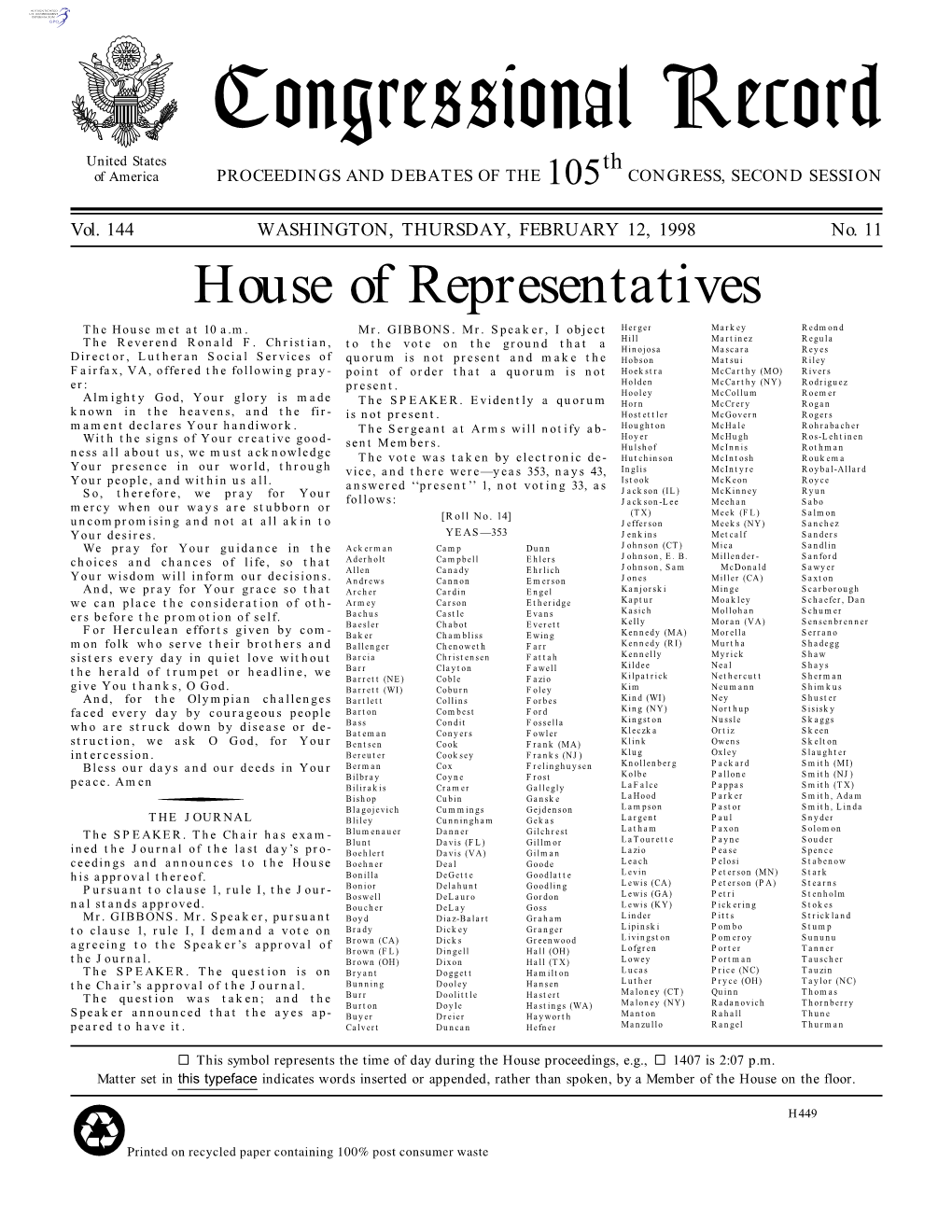 Congressional Record United States Th of America PROCEEDINGS and DEBATES of the 105 CONGRESS, SECOND SESSION