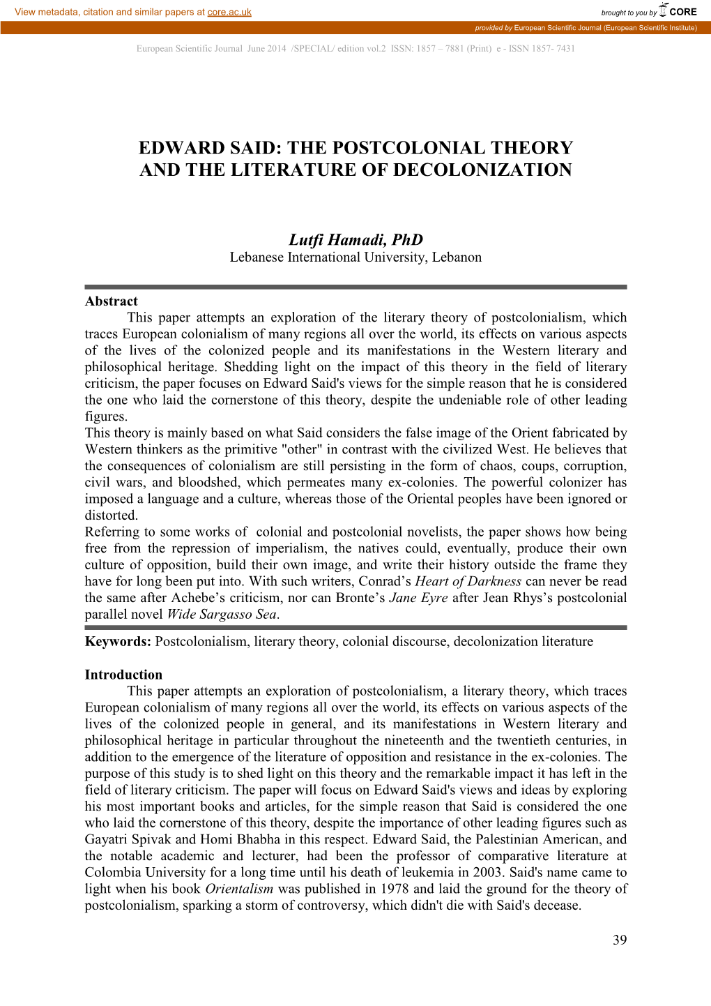 Edward Said: the Postcolonial Theory and the Literature of Decolonization