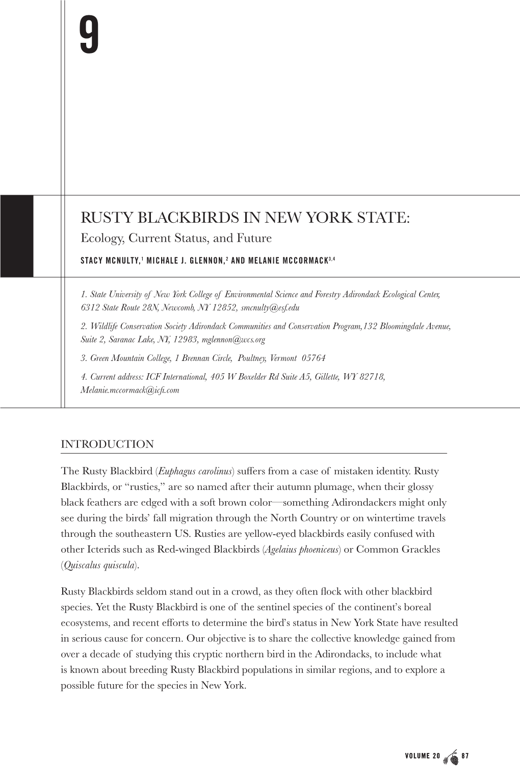 RUSTY BLACKBIRDS in NEW YORK STATE: Ecology, Current Status, and Future