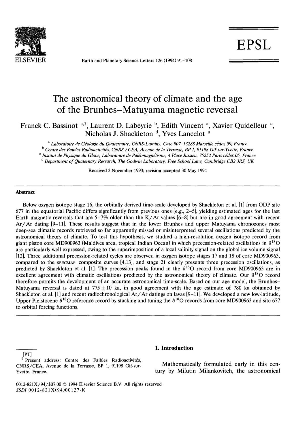 The Astronomical Theory of Climate and the Age of the Brunhes-Matuyama Magnetic Reversal