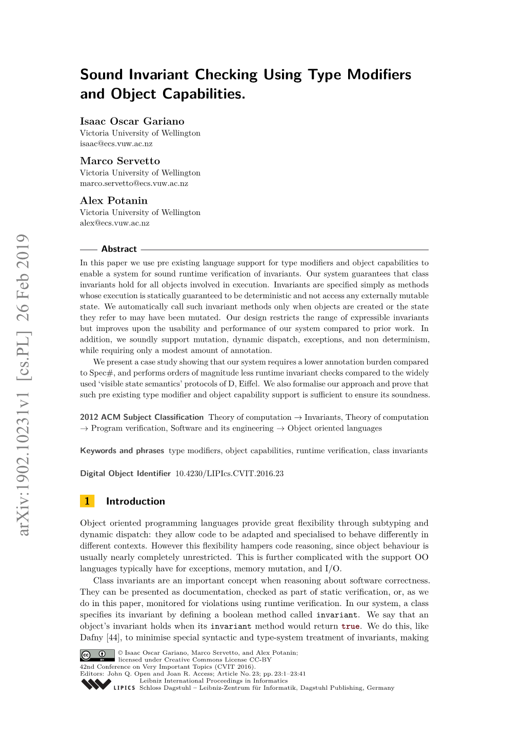 Sound Invariant Checking Using Type Modifiers and Object Capabilities